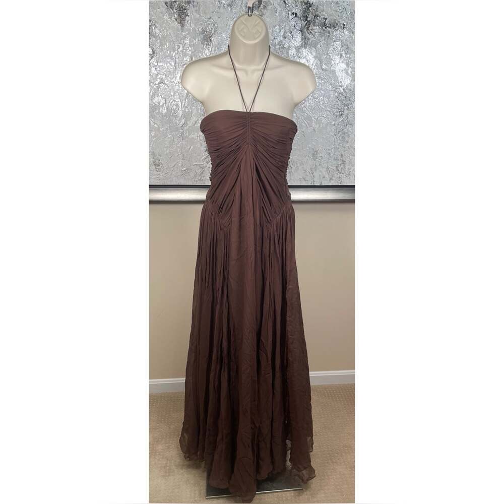 CULT GAIA Ritz Ruched Pleated Chiffon Java Brown Maxi Dress Size 0 - Picture 3 of 8